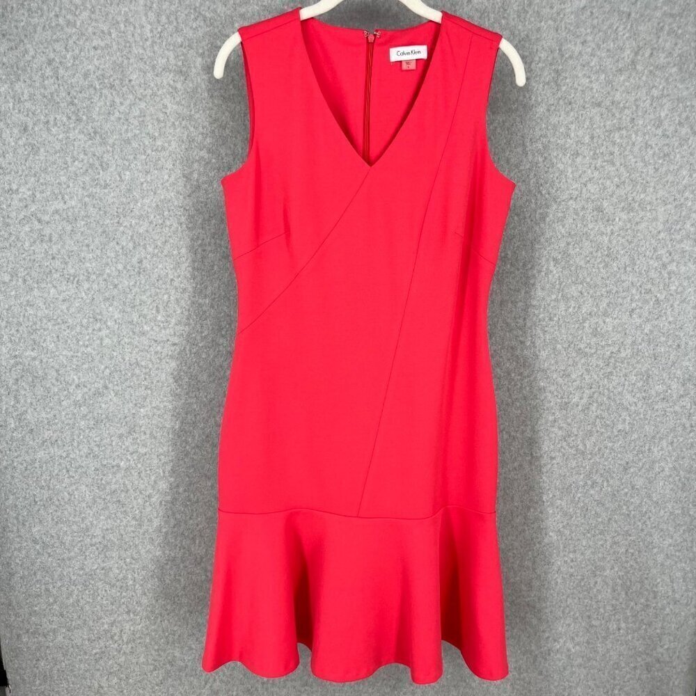 Calvin Klein Ruffle Hem Sheath Dress Size 6 Hibiscus Pink Coral Office Cocktail